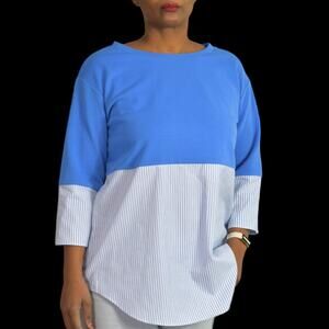 COS Shirt Hem Sweater Blue Striped Minimalist Jumper Shirtwaist Top Size Small